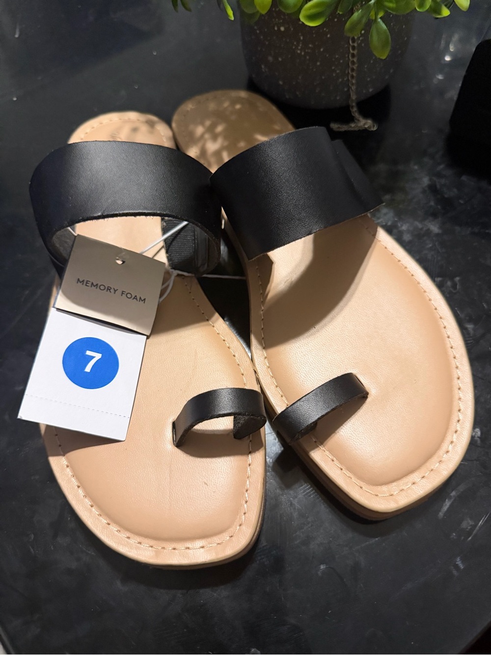 Black Strappy Toe-Ring Sandals with Memory Foam Insole